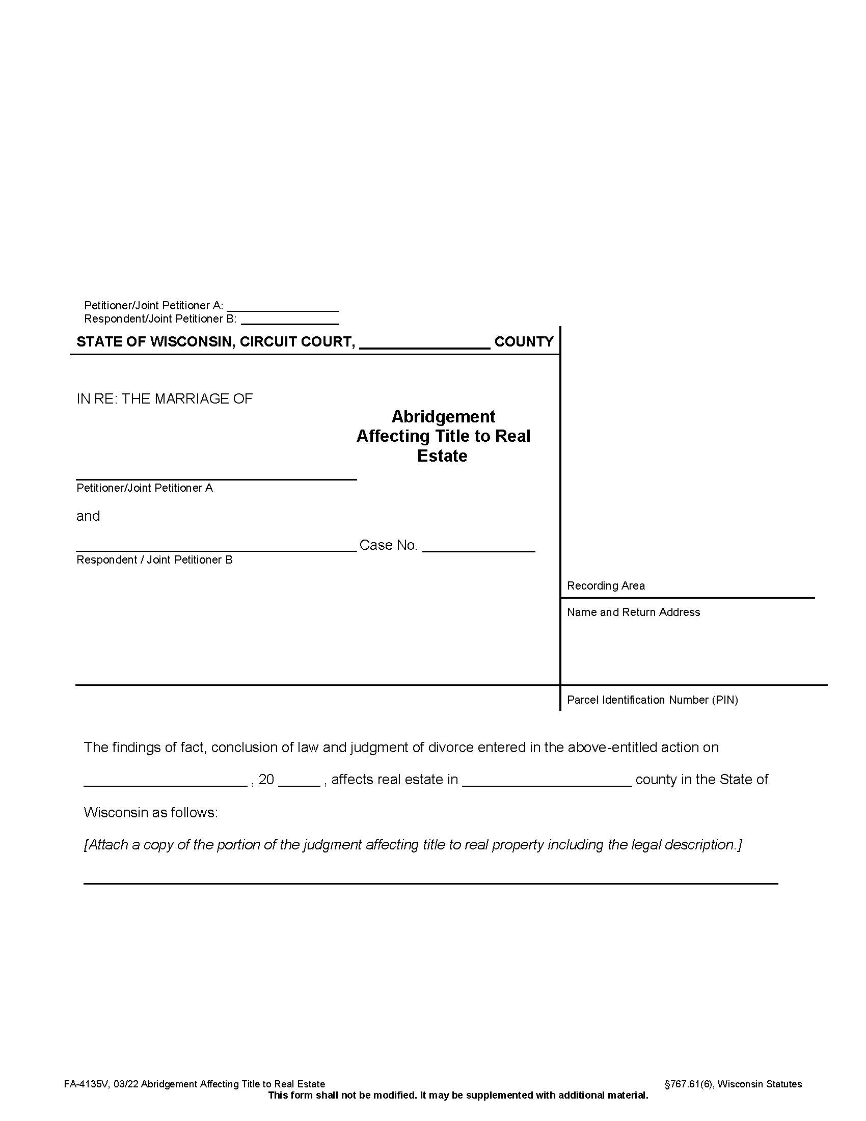 Abridgement Affecting Title To Real Estate {FA-4135V} | Pdf Fpdf Doc Docx | Wisconsin