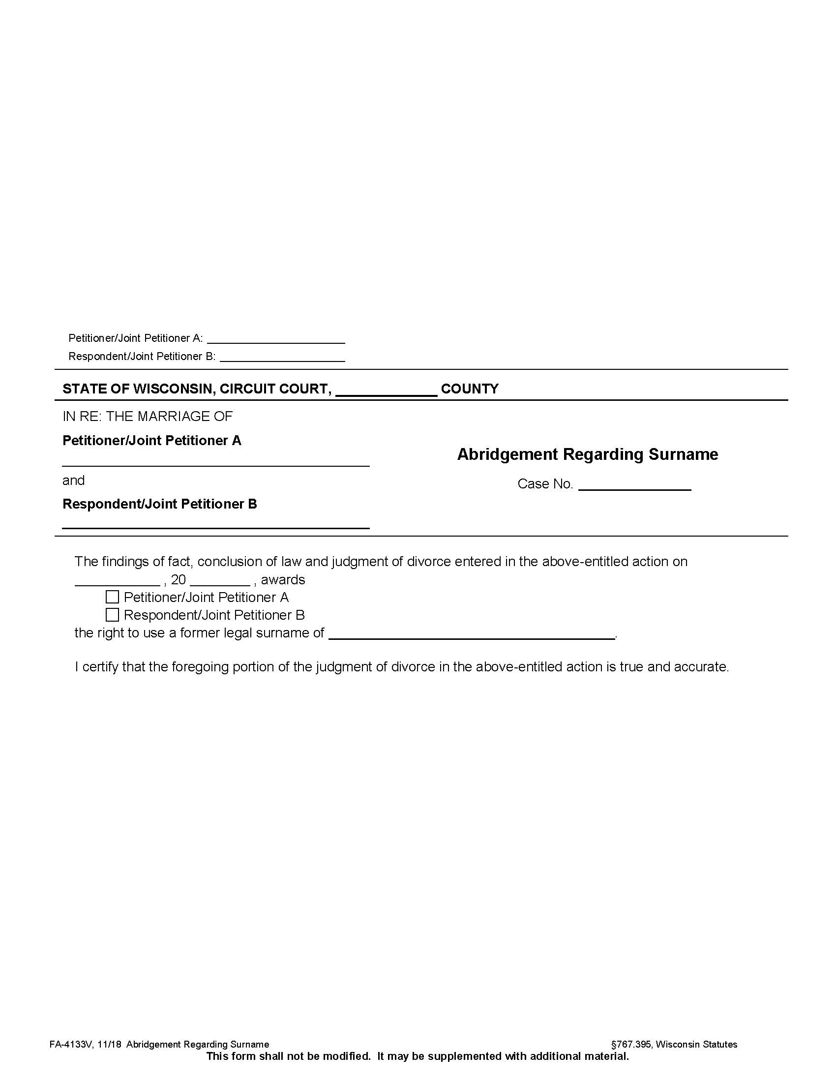 Abridgement Regarding Surname {FA-4133V} | Pdf Fpdf Docx | Wisconsin