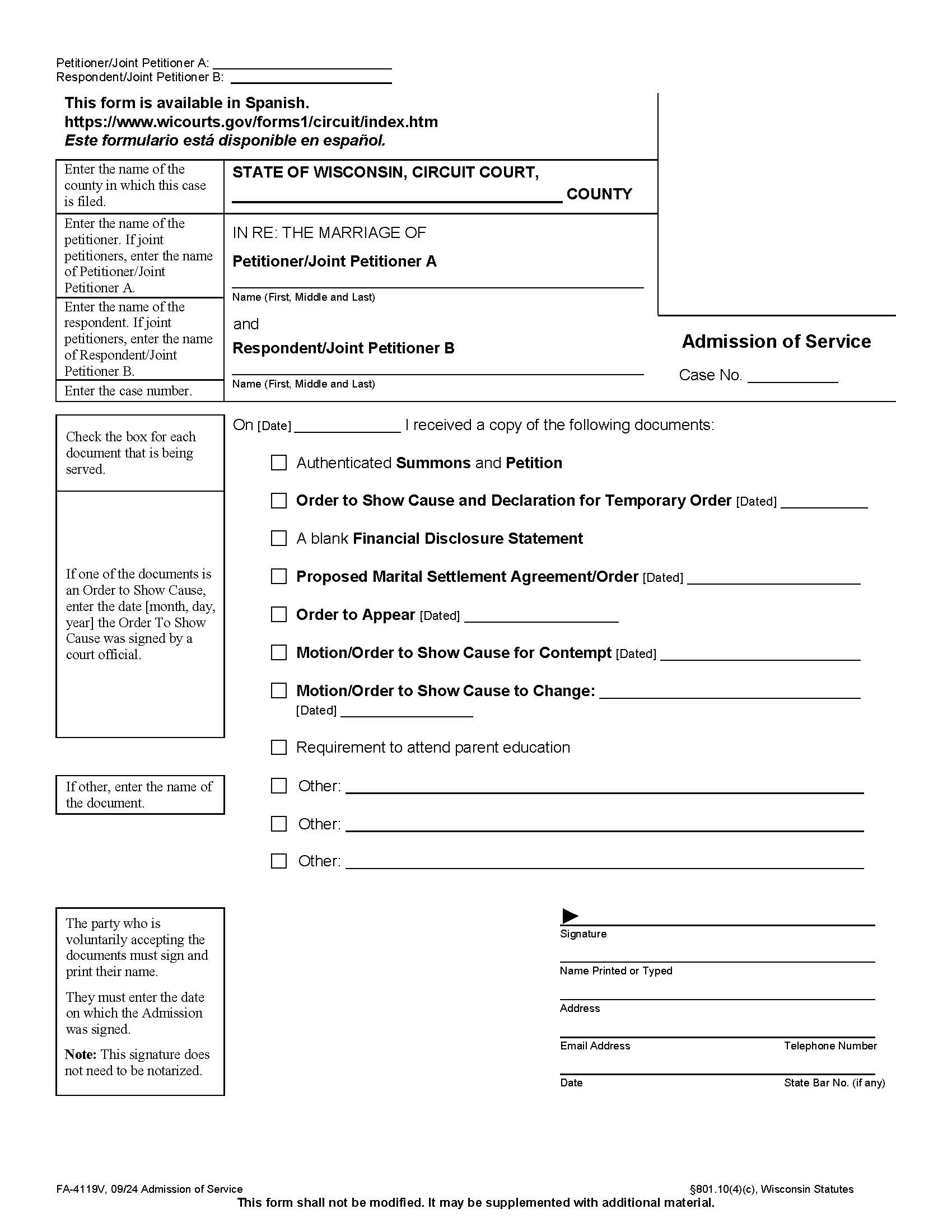 Admission Of Service {FA-4119V} | Pdf Fpdf Docx | Wisconsin