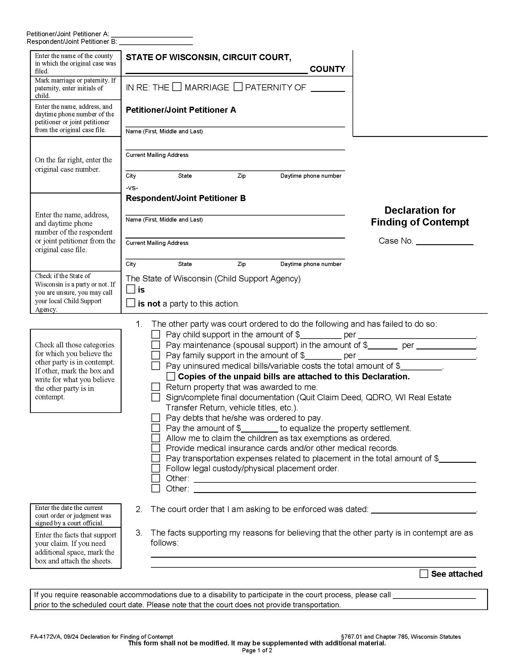 Affidavit For Finding Of Contempt {FA-4172VA} | Pdf Fpdf Docx | Wisconsin