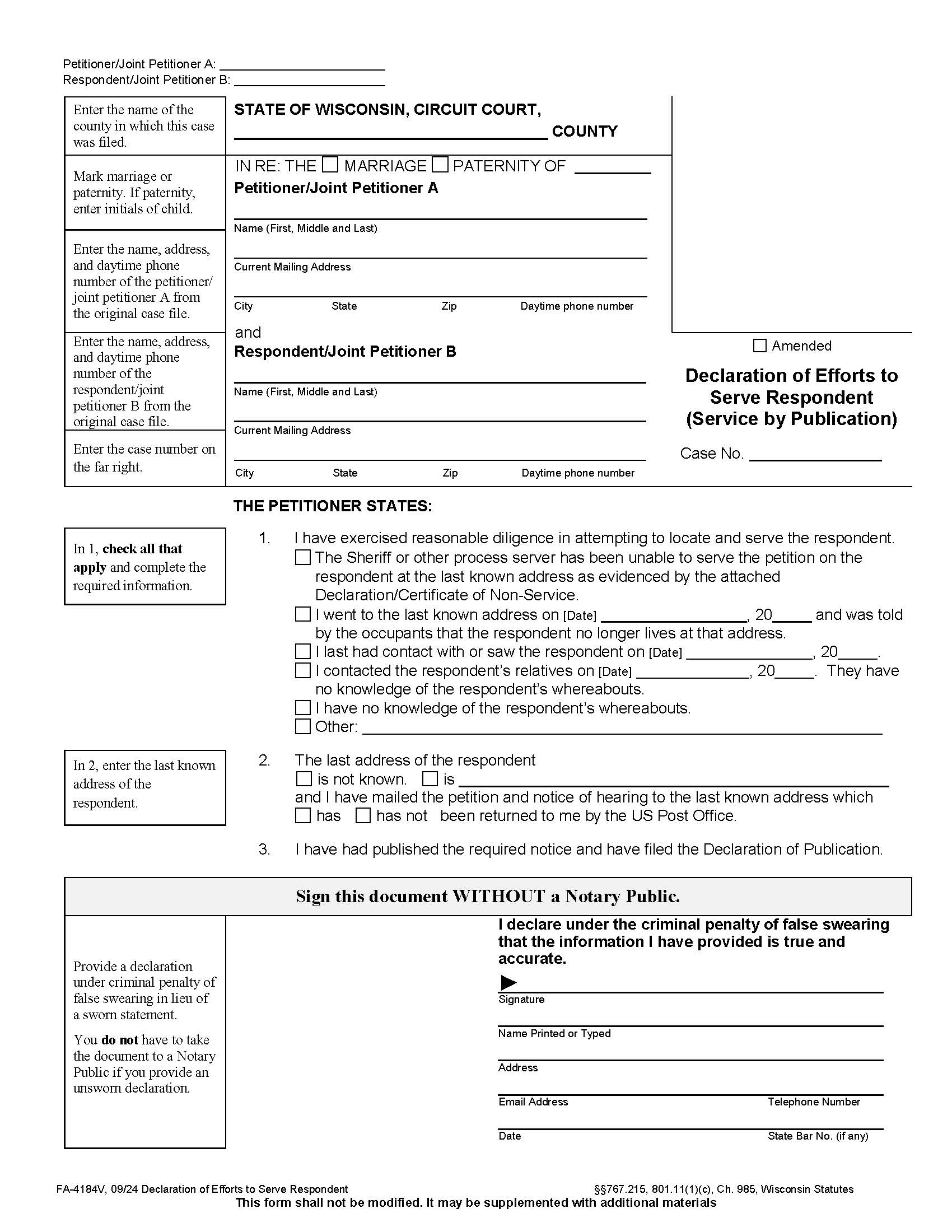 Affidavit Of Efforts To Serve Respondent {FA-4184V} | Pdf Fpdf Docx | Wisconsin