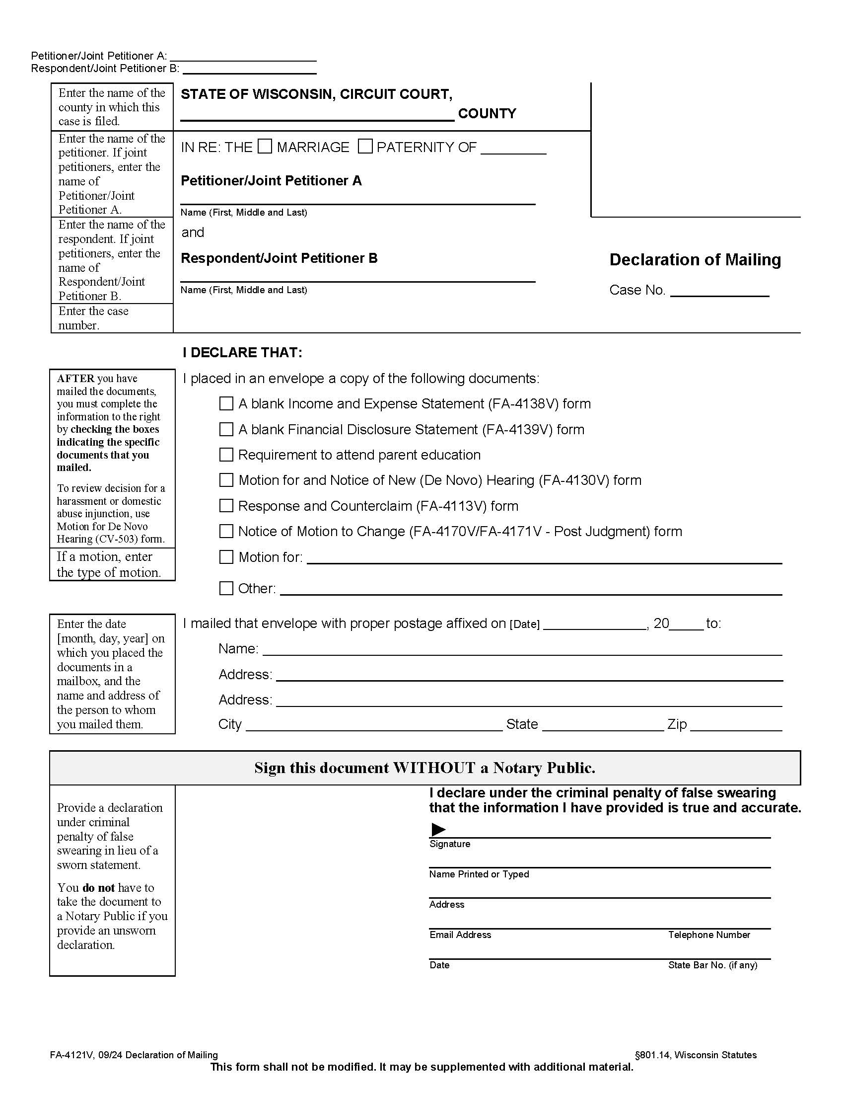 Affidavit Of Mailing {FA-4121V} | Pdf Fpdf Docx | Wisconsin