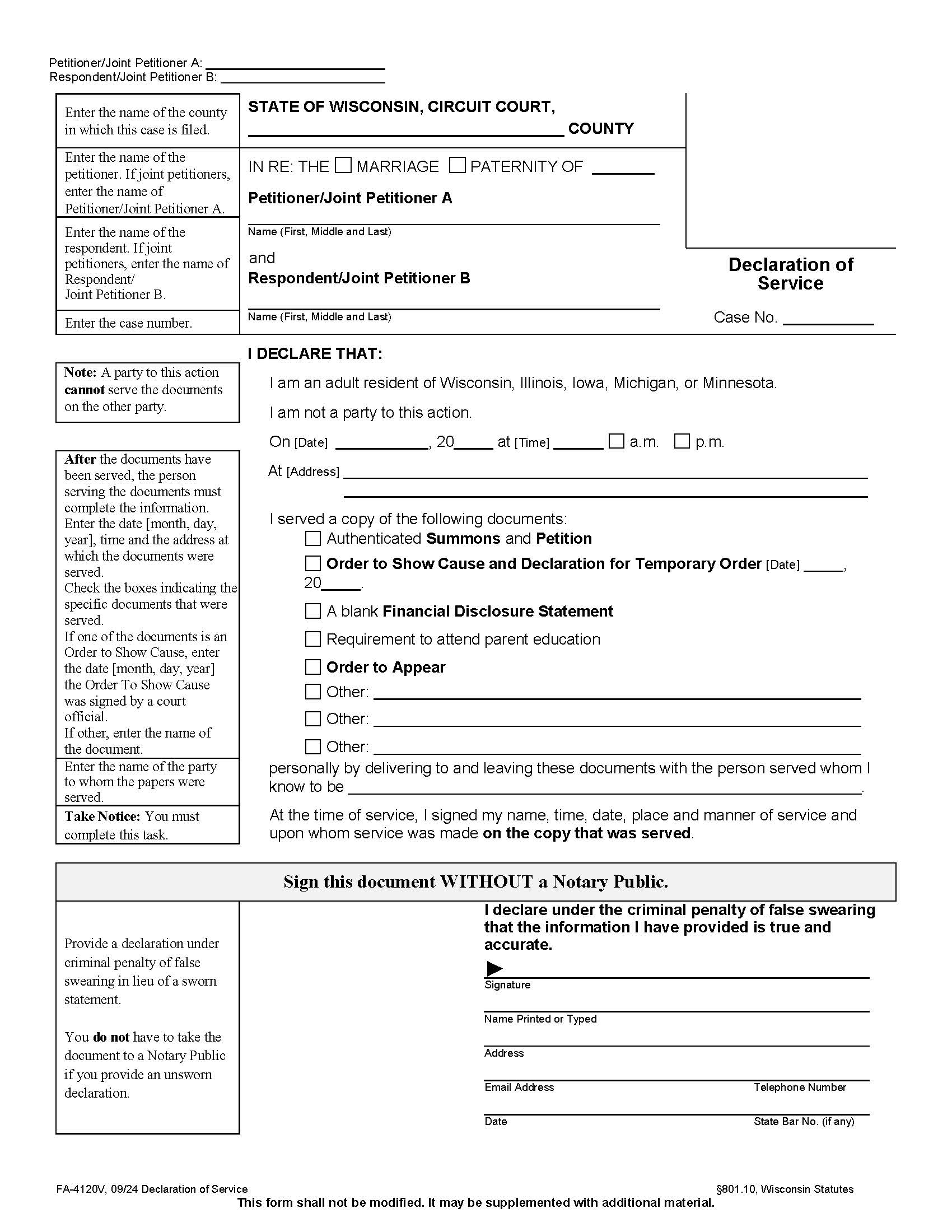 Affidavit Of Service {FA-4120} | Pdf Fpdf Docx | Wisconsin