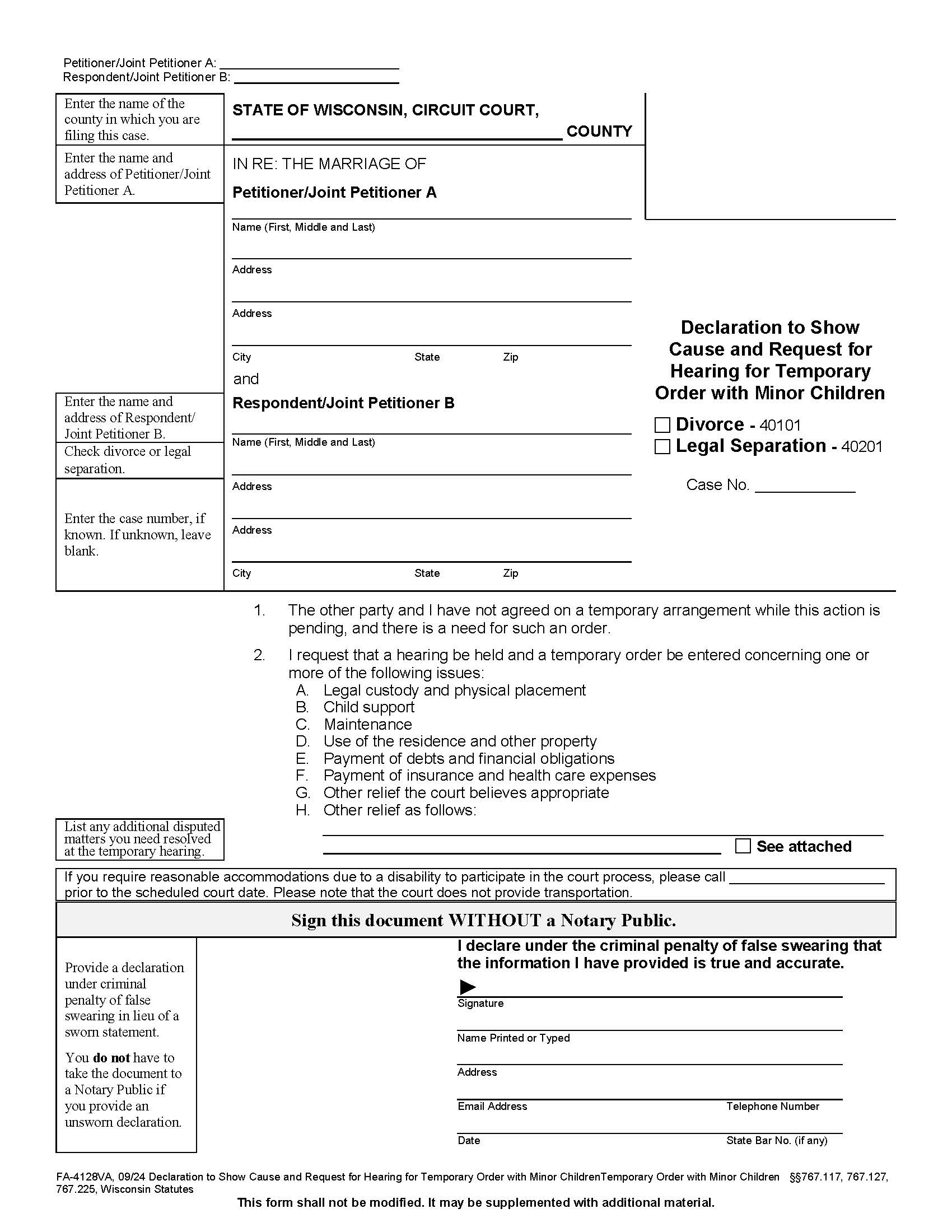 Affidavit To Show Cause And Request For Hearing For Temporary Order With Minor Children {FA-4128VA} | Pdf Fpdf Docx | Wisconsin