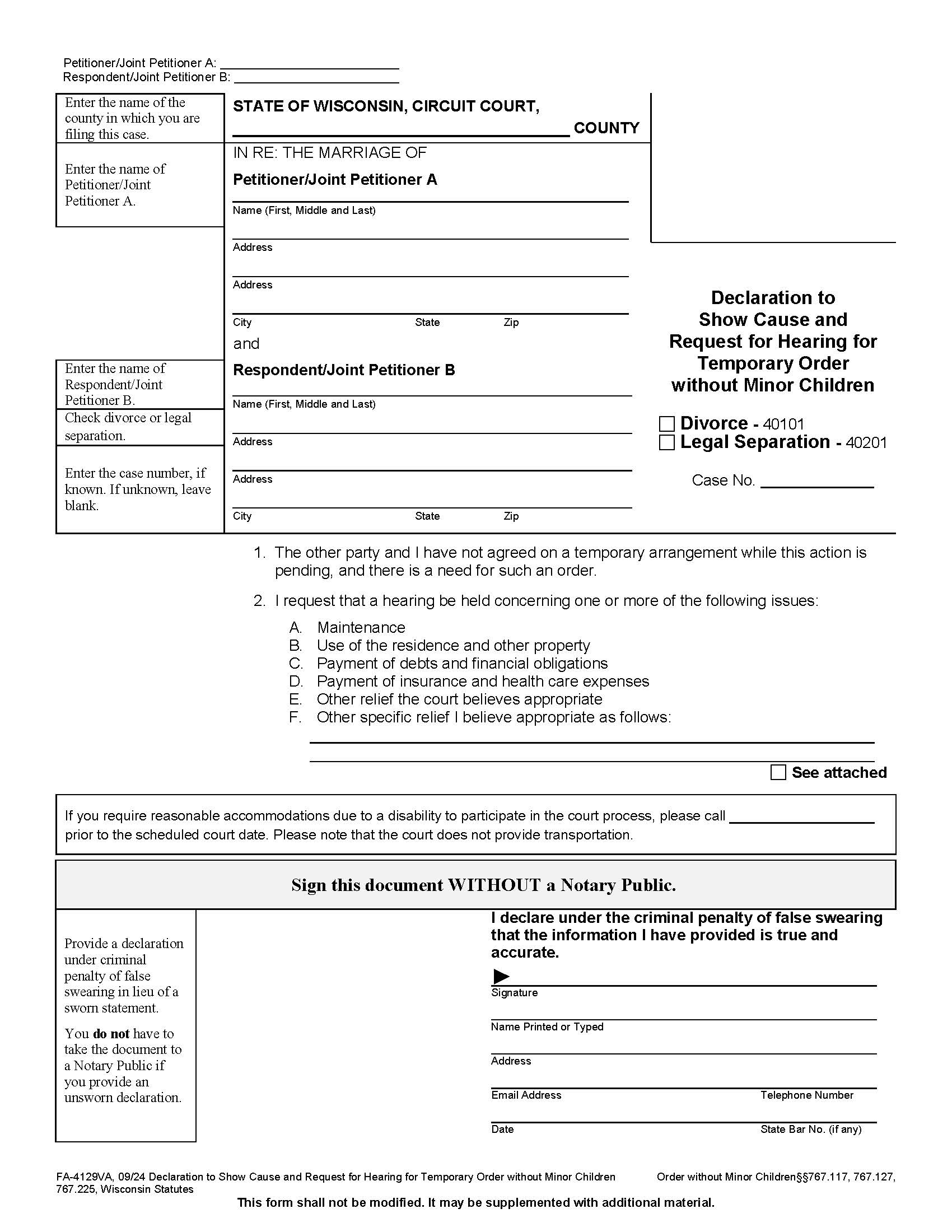 Affidavit To Show Cause And Request For Hearing For Temporary Order Without Minor Children {FA-4129VA} | Pdf Fpdf Docx | Wisconsin