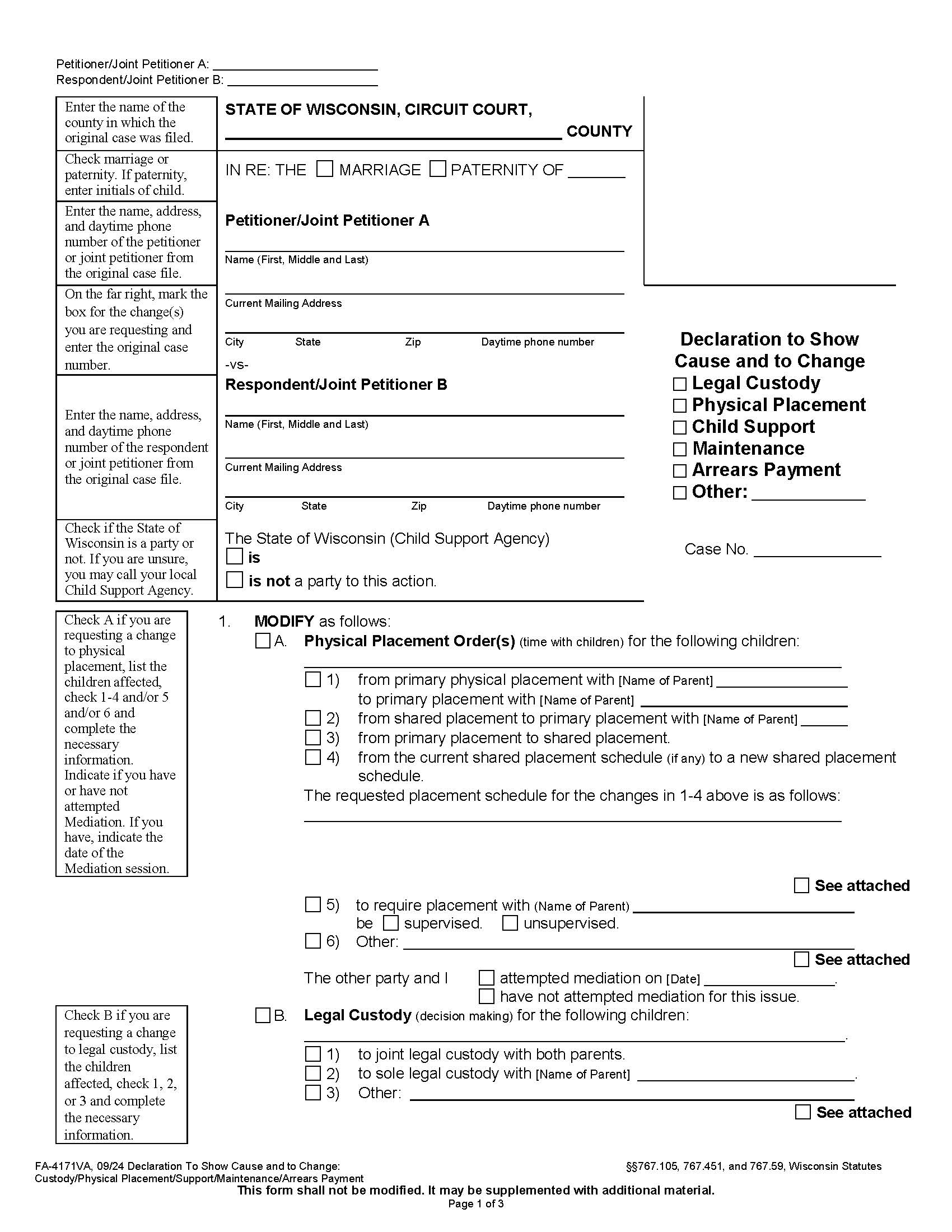 Affidavit To Show Cause And To Change {FA-4171VA} | Pdf Fpdf Docx | Wisconsin
