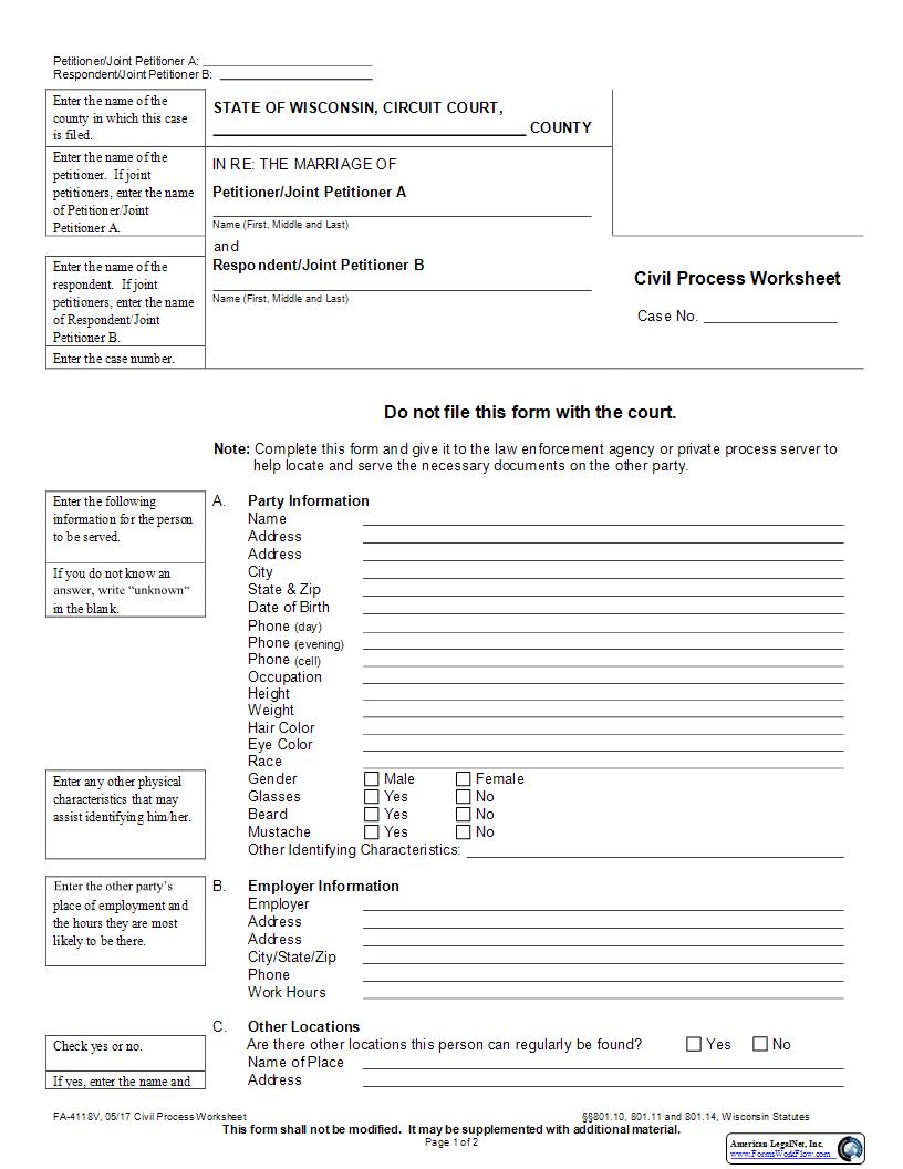 Civil Process Worksheet {FA-4118} | Pdf Fpdf Docx | Wisconsin