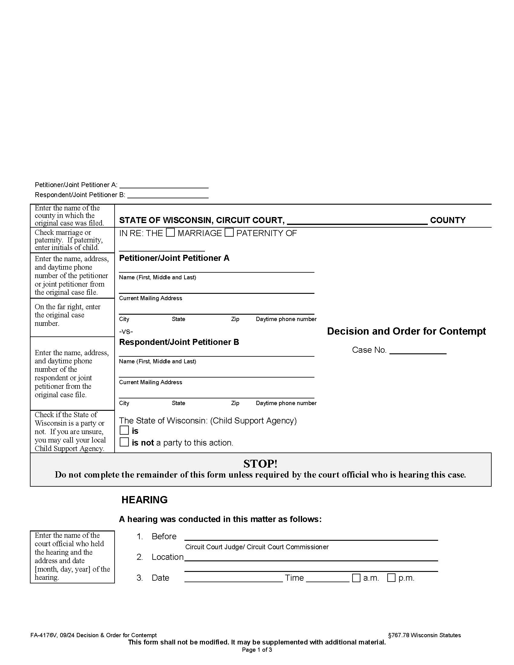 Decision And Order for Contempt {FA-4176V} | Pdf Fpdf Docx | Wisconsin
