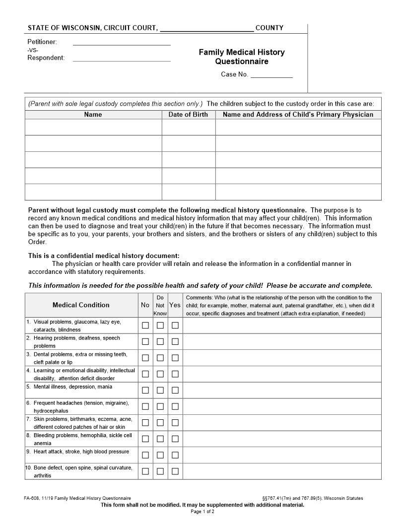 Family Medical History-Questionnaire {FA-608} | Pdf Fpdf Docx | Wisconsin