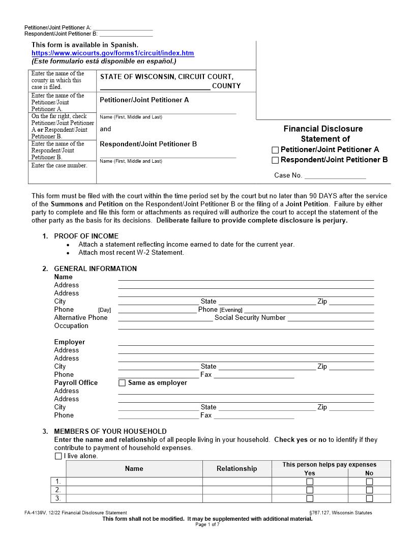 Financial Disclosure Statement {FA-4139V} | Pdf Fpdf Docx | Wisconsin