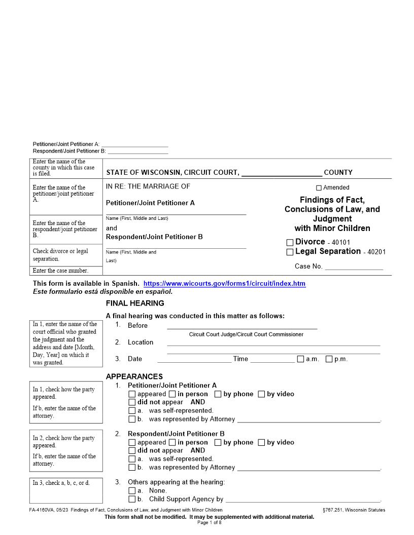 Findings Of Fact, Conclusions Of Law, And Judgment With Minor Children {FA-4160VA} | Pdf Fpdf Docx | Wisconsin