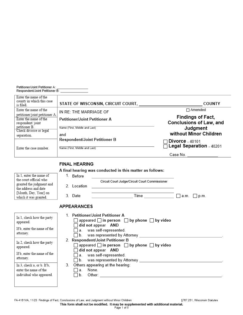 Findings Of Fact, Conclusions Of Law, And Judgment Without Minor Children {FA-4161VA} | Pdf Fpdf Docx | Wisconsin