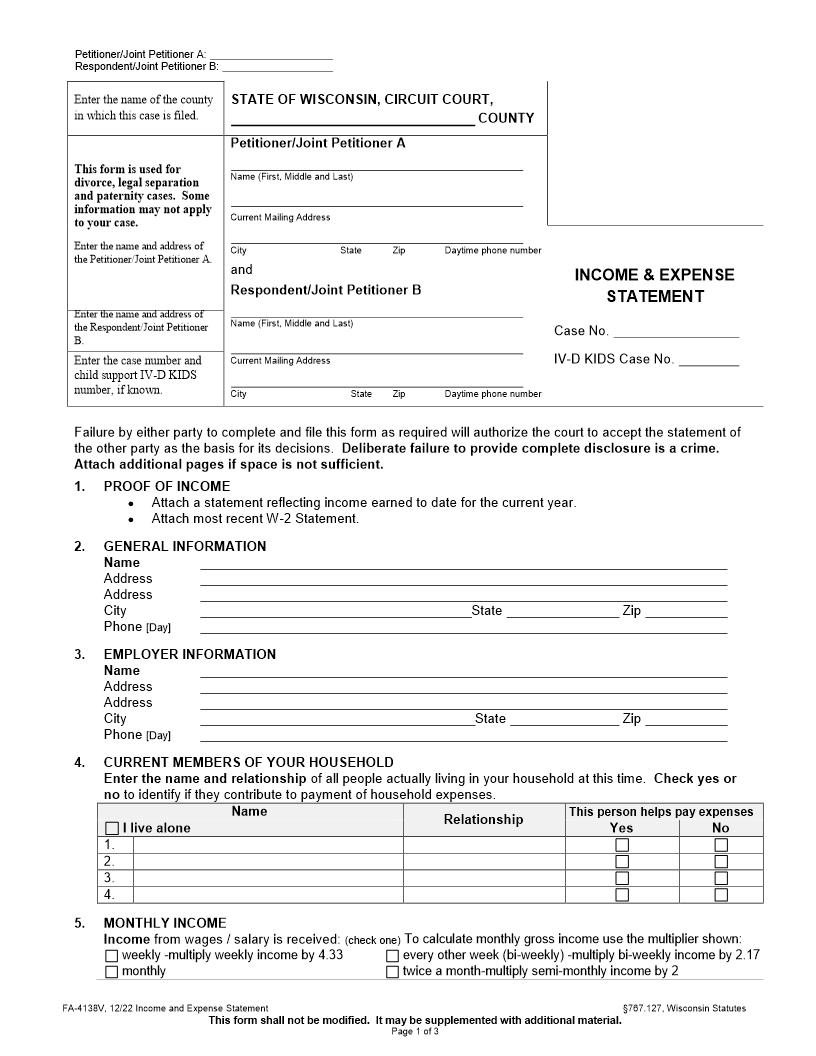 Income And Expense Statement {FA-4138V} | Pdf Fpdf Docx | Wisconsin