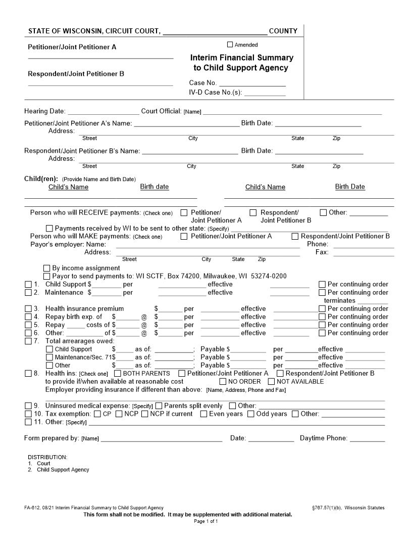 Interim Financial Summary To Child Support Agency  {FA-612} | Pdf Fpdf Docx | Wisconsin