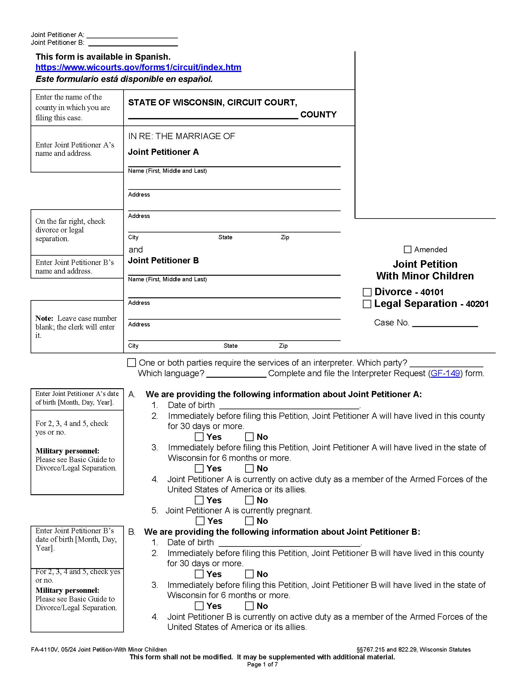 Joint Petition With Minor Children {FA-4110V} | Pdf Fpdf Docx | Wisconsin