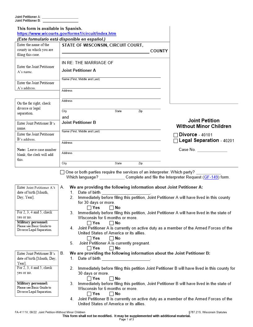 Joint Petition Without Minor Children {FA-4111V} | Pdf Fpdf Docx | Wisconsin