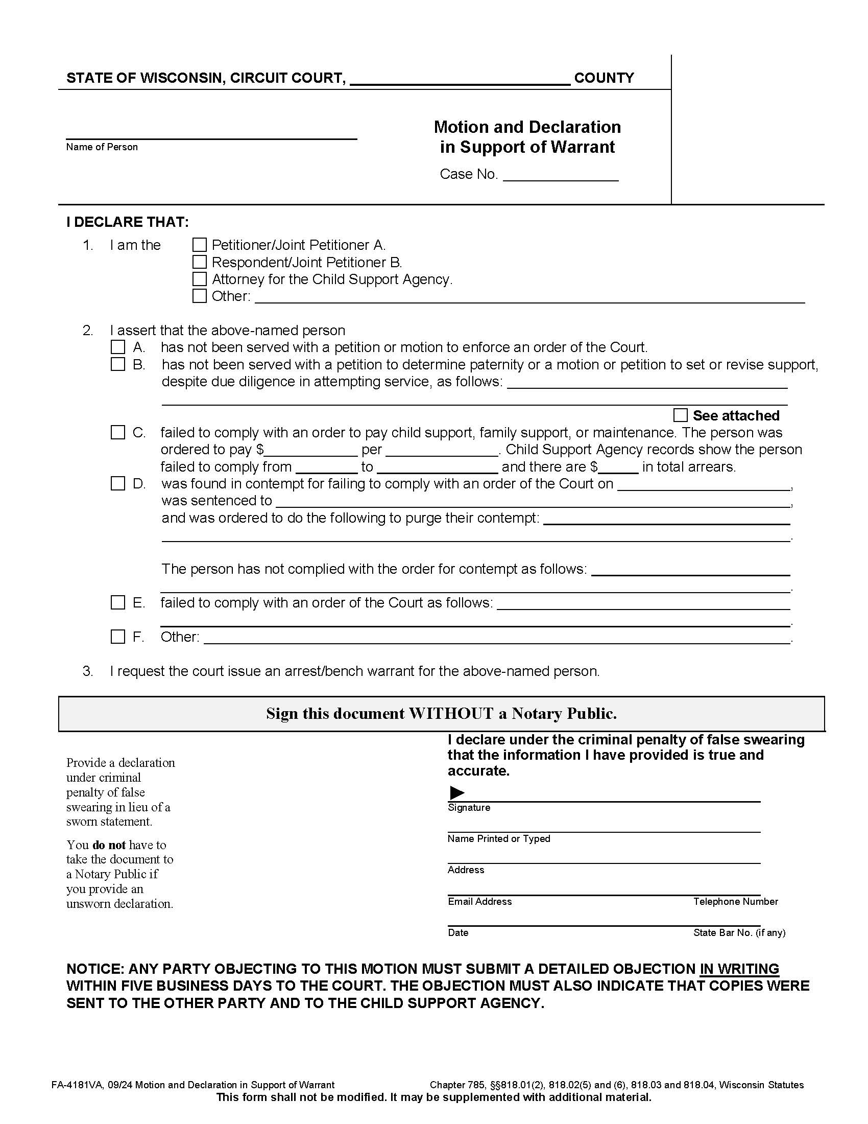 Motion And Affidavit In Support Of Warrant {FA-4181VA} | Pdf Fpdf Docx | Wisconsin