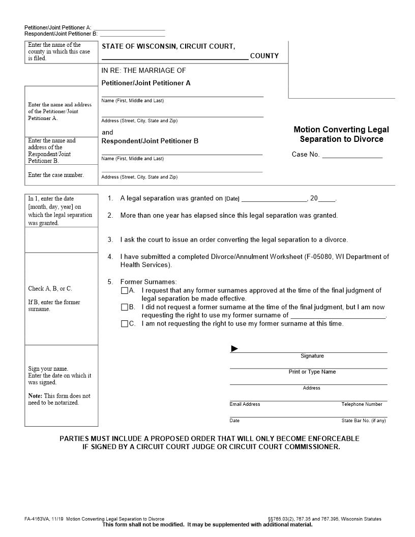 Motion Converting Legal Separation To Divorce {FA-4163VA} | Pdf Fpdf Docx | Wisconsin