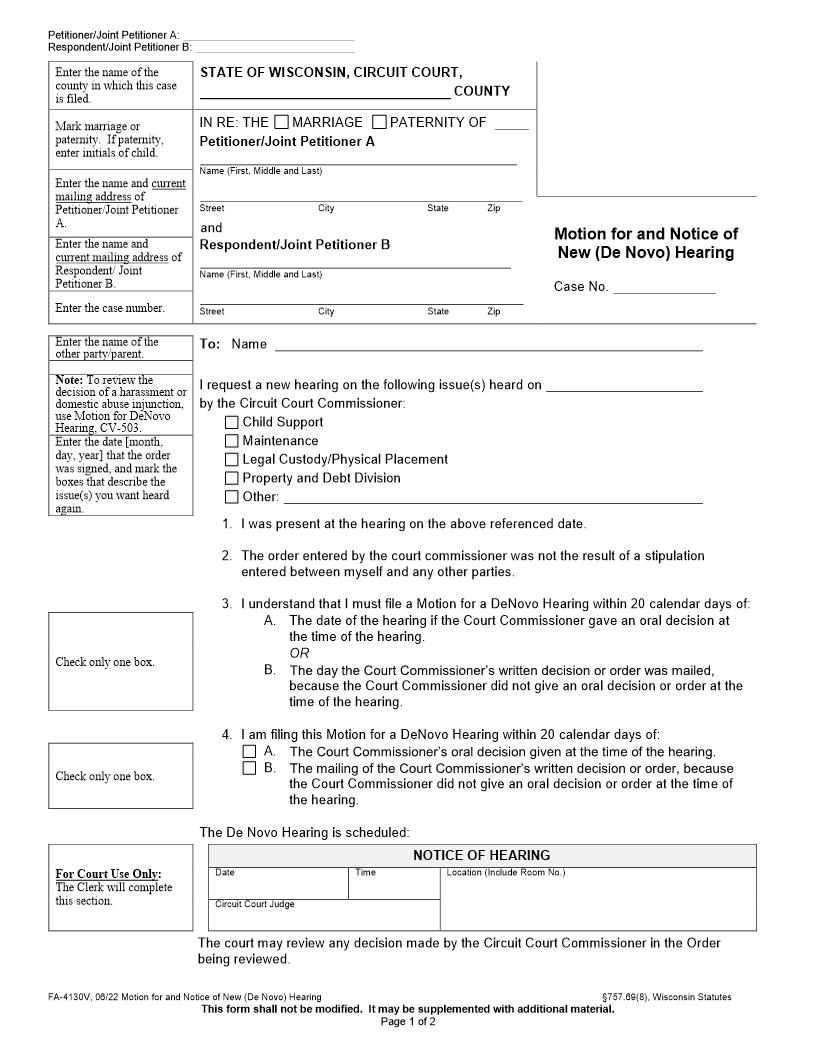Motion For And Notice Of New (De Novo) Hearing {FA-4130V} | Pdf Fpdf Docx | Wisconsin