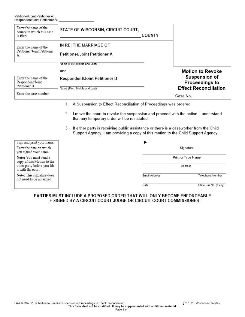 Motion To Revoke Suspension Of Proceedings To Effect Reconciliation {FA-4145VA} | Pdf Fpdf Doc Docx | Wisconsin