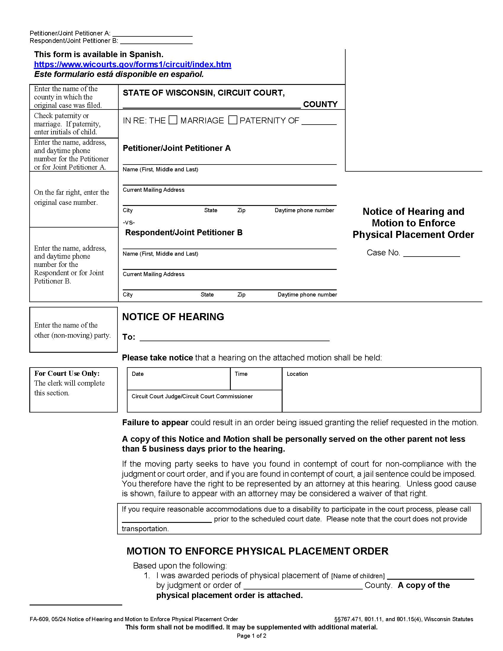 Notice Of Hearing And Motion To Enforce Physical Placement Order {FA-609} | Pdf Fpdf Docx | Wisconsin