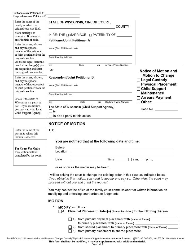 Notice Of Motion And Motion To Change {FA-4170} | Pdf Fpdf Docx | Wisconsin