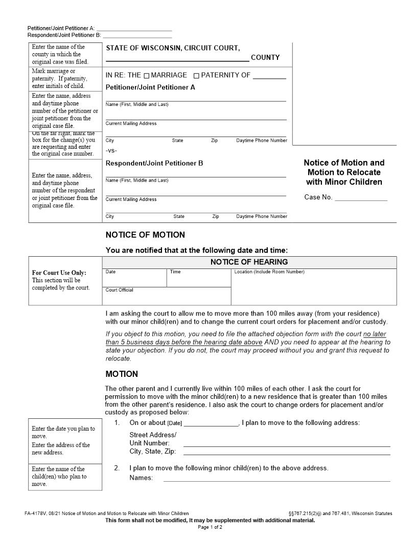 Notice Of Motion And Motion To Relocate With Children {FA-4178V} | Pdf Fpdf Docx | Wisconsin