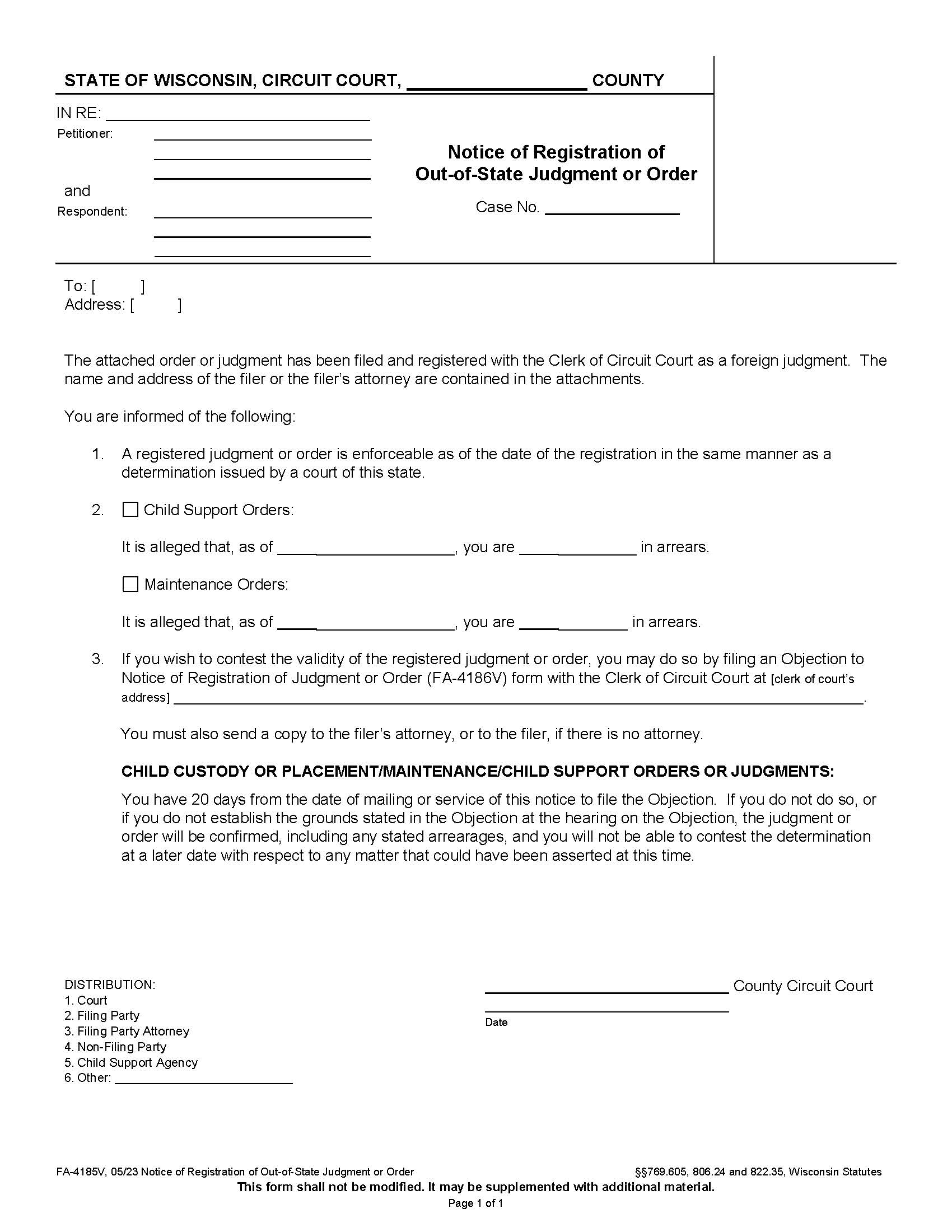 Notice Of Registration Of Out Of State Judgment Or Order {FA-4185V} | Pdf Fpdf Docx | Wisconsin