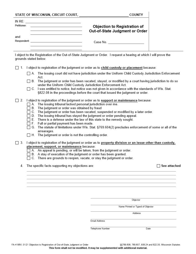 Objection To Registration Of Out Of State Judgment Or Order {FA-4186V} | Pdf Fpdf Docx | Wisconsin