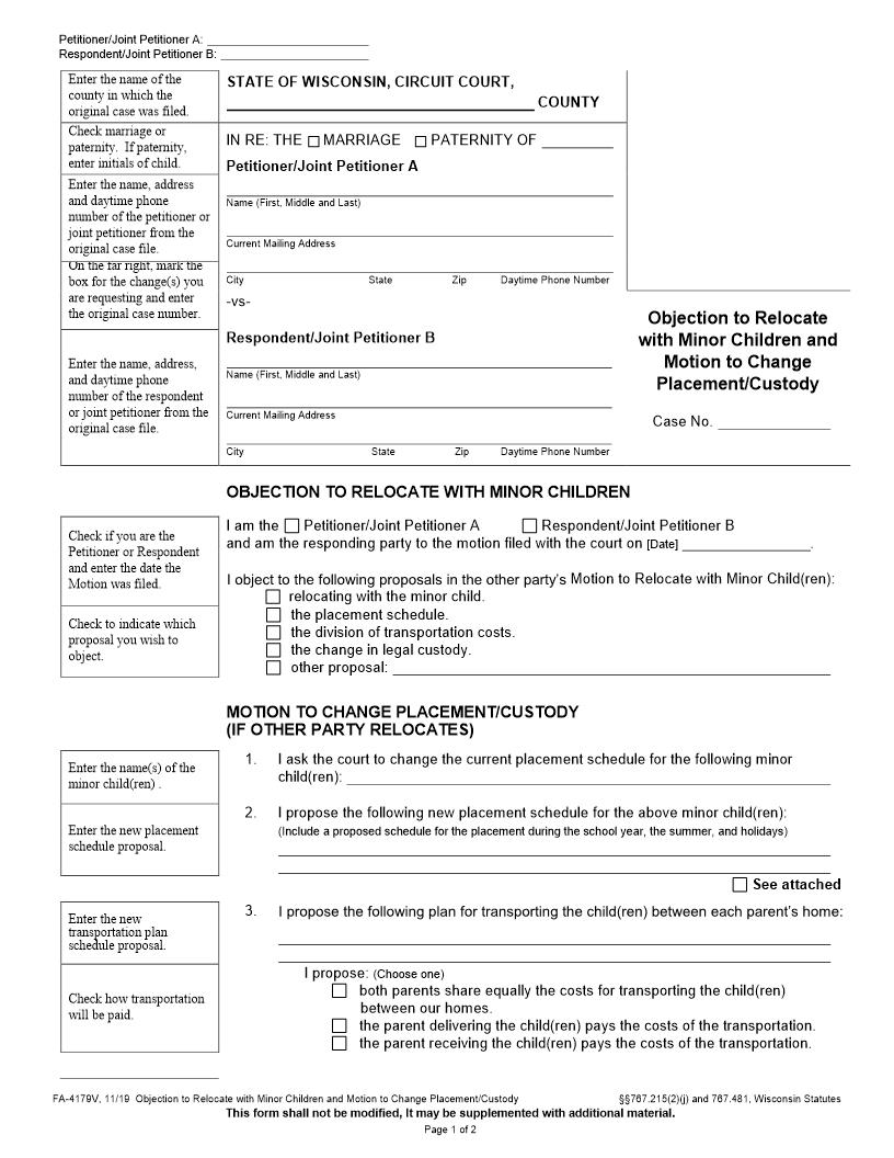 Objection To Relocate {FA-4179V} | Pdf Fpdf Docx | Wisconsin