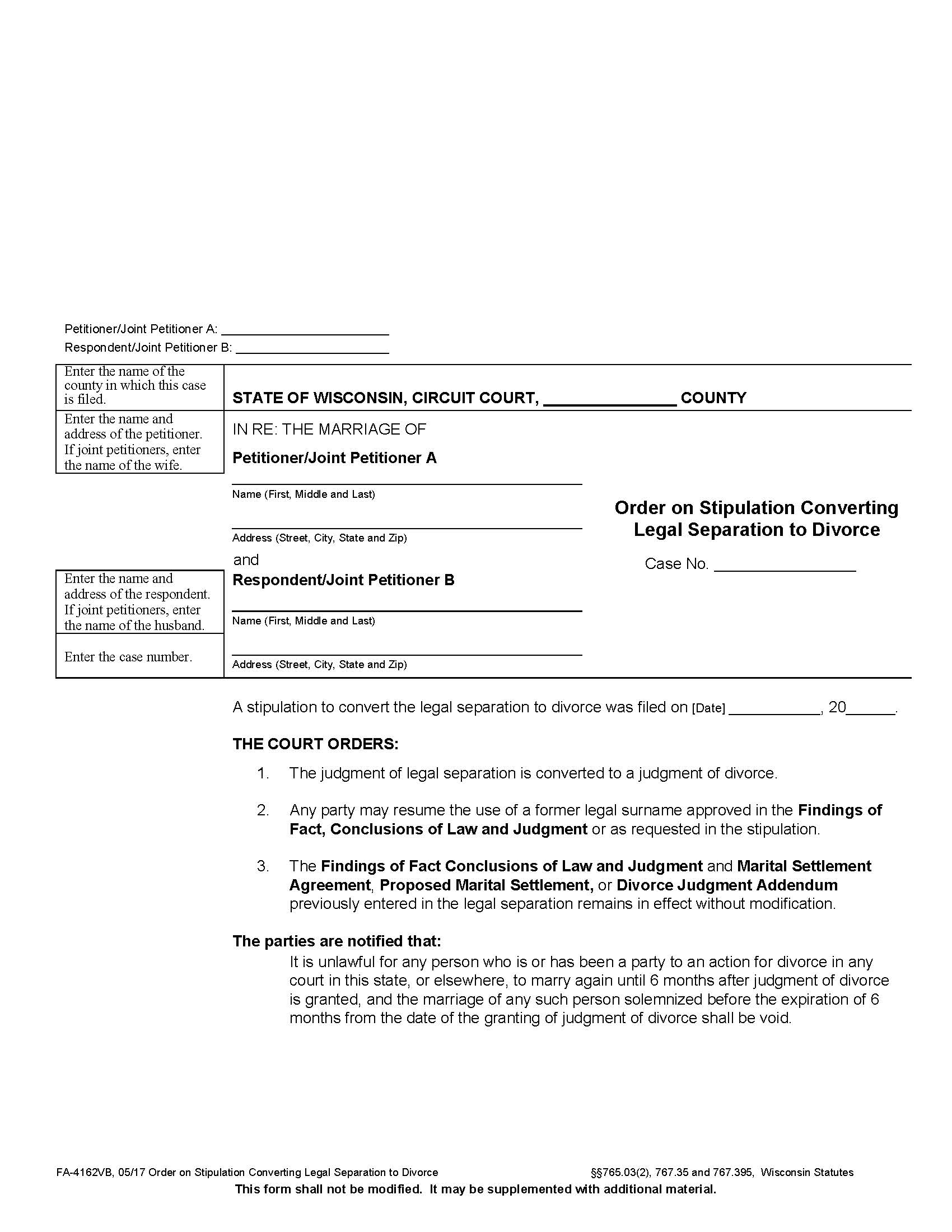 Order Converting Legal Separation To Divorce {FA-4162VB} | Pdf Fpdf Docx | Wisconsin