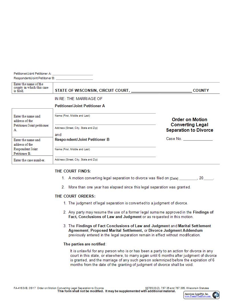 Order Converting Legal Separation To Divorce {FA-4163VB} | Pdf Fpdf Docx | Wisconsin