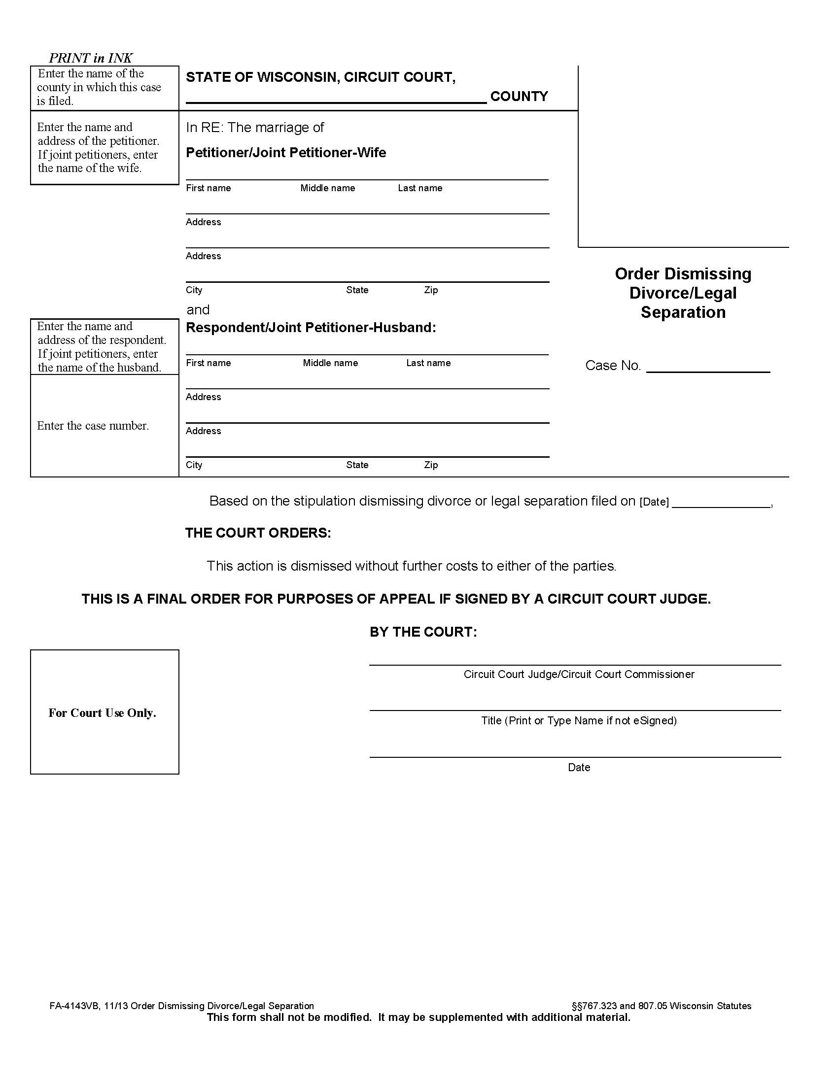 Order Dismissing Divorce-Legal Separation {FA-4143VB} | Pdf Fpdf Doc Docx | Wisconsin
