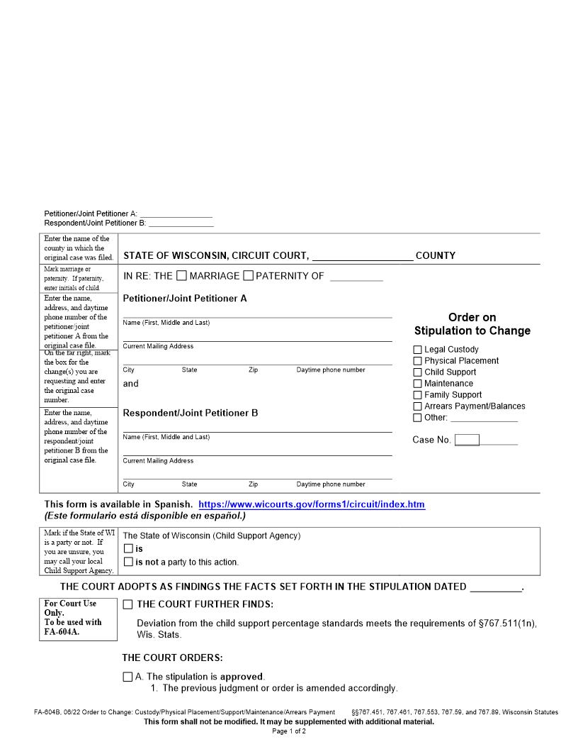 Order On Stipulation To Change {FA-604B} | Pdf Fpdf Docx | Wisconsin