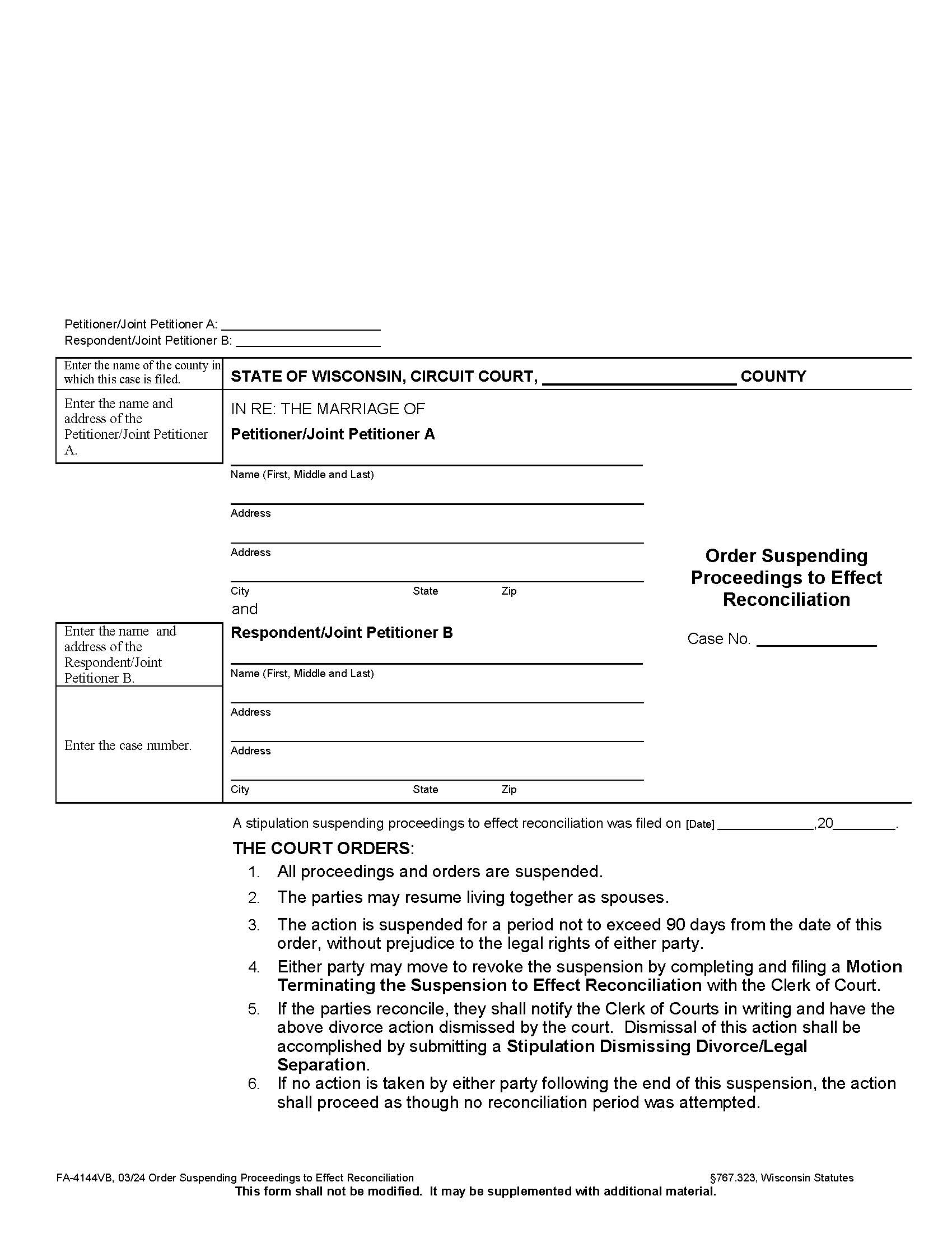 Order Suspending Proceedings To Effect Reconciliation {FA-4144VB} | Pdf Fpdf Doc Docx | Wisconsin
