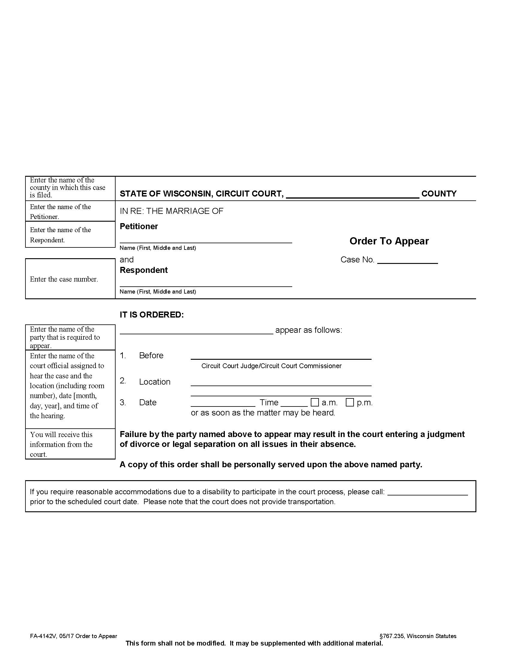Order To Appear {FA-4142V} | Pdf Fpdf Docx | Wisconsin