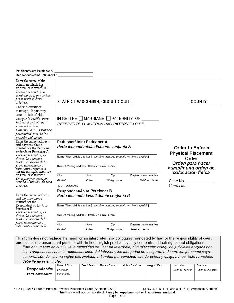 Order To Enforce Physical Placement Order {FA-611} | Pdf Fpdf Docx | Wisconsin