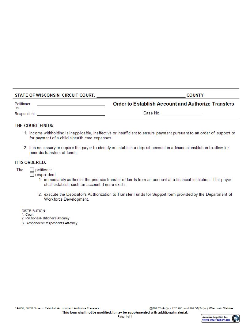 Order To Establish Account And Authorize Transfers {FA-606} | Pdf Fpdf Docx | Wisconsin