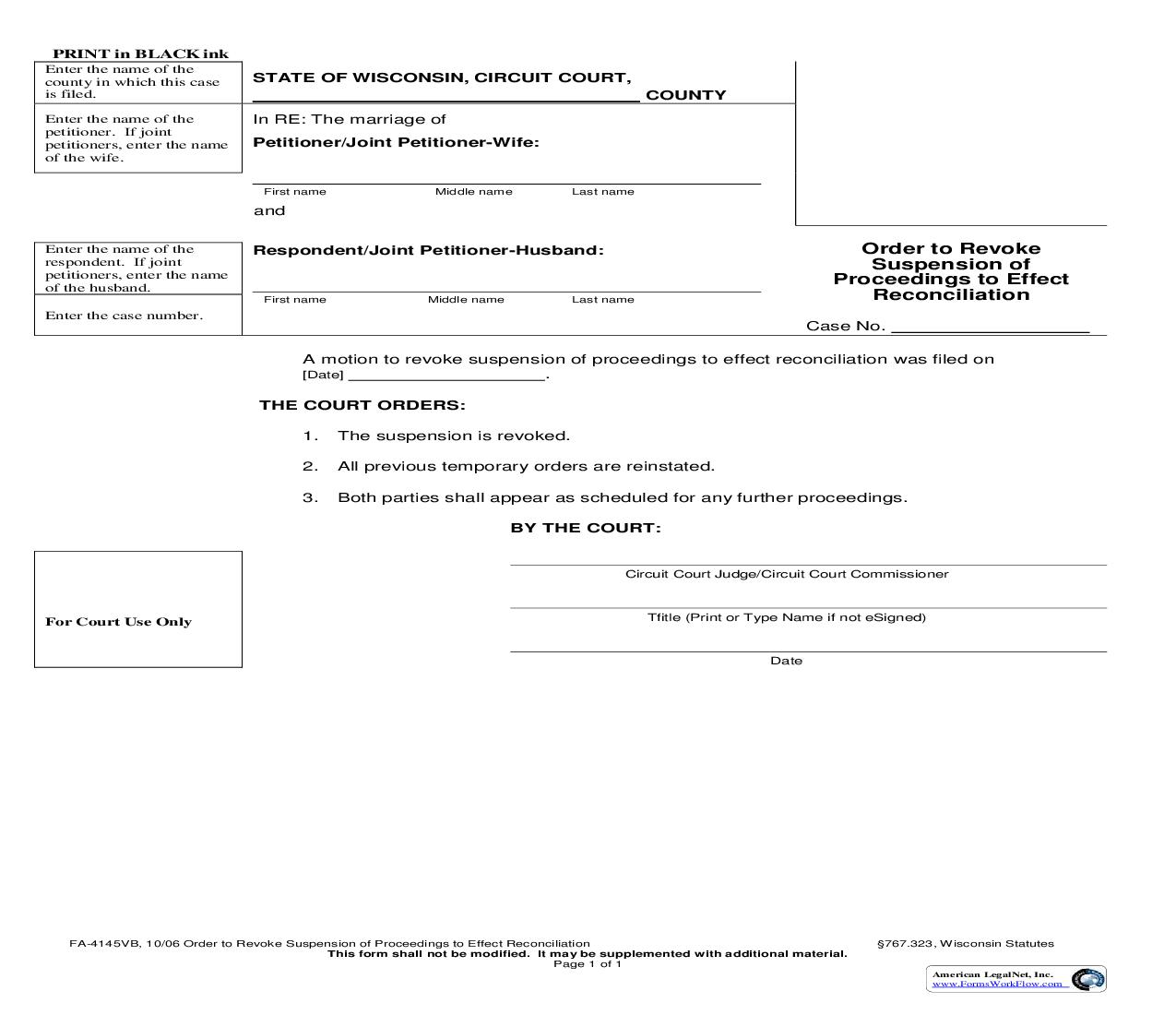 Order To Revoke Suspension Of Proceedings To Effect Reconciliation{FA-4145VB} | Pdf Fpdf Doc Docx | Wisconsin