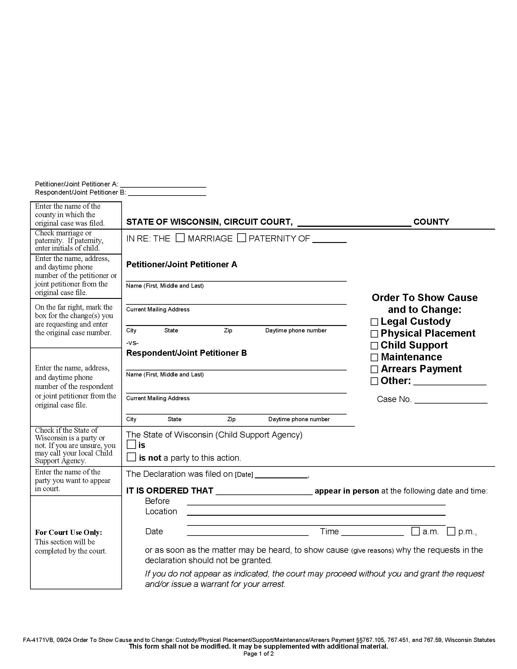 Order To Show Cause And To Change {FA-4171VB} | Pdf Fpdf Docx | Wisconsin
