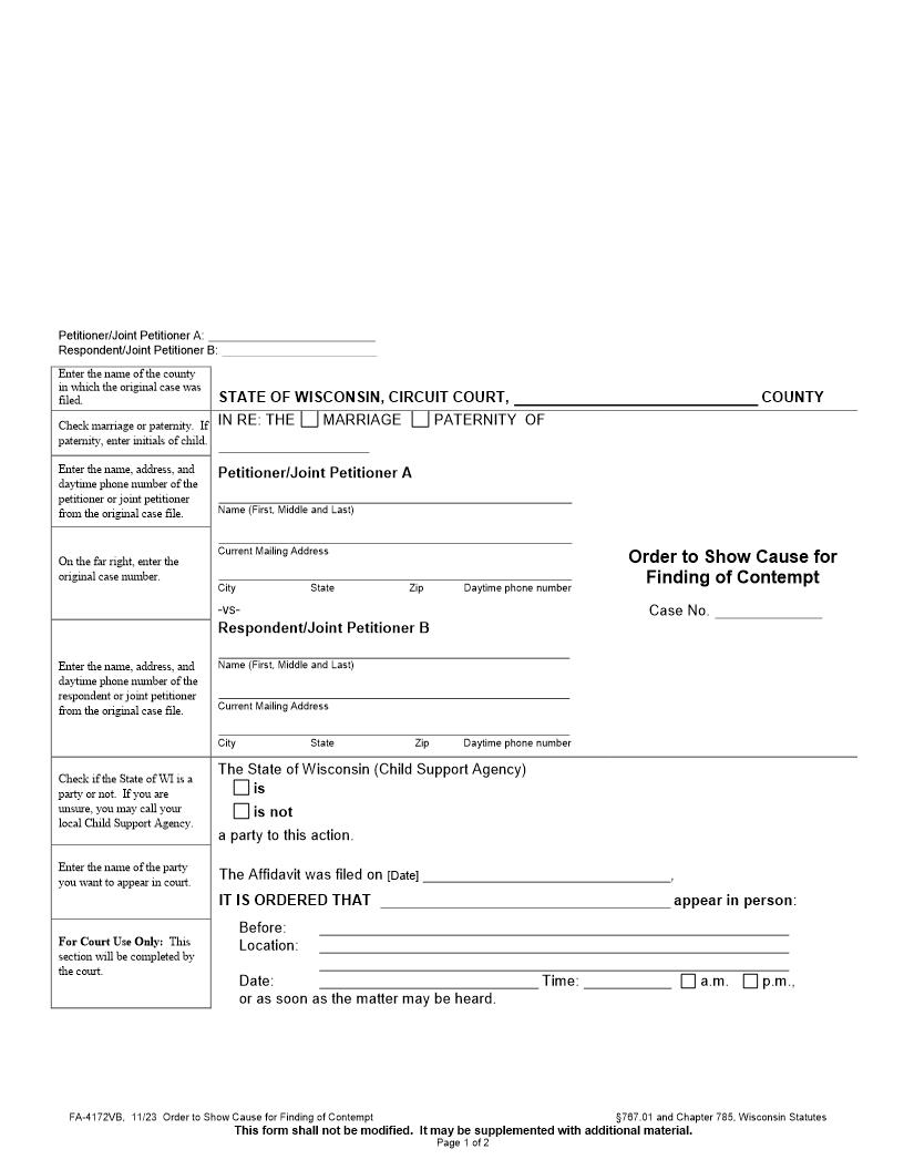 Order To Show Cause For Finding Of Contempt {FA-4172VB} | Pdf Fpdf Docx | Wisconsin