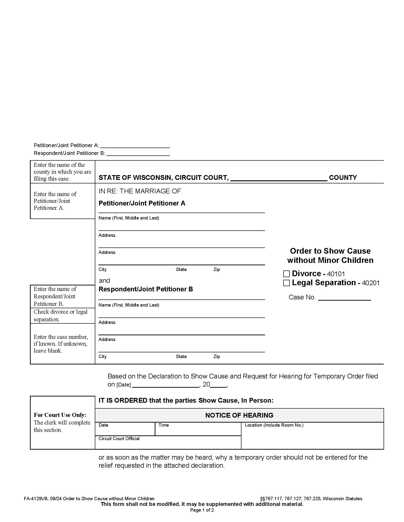 Order To Show Cause Without Minor Children{FA-4129VB} | Pdf Fpdf Docx | Wisconsin