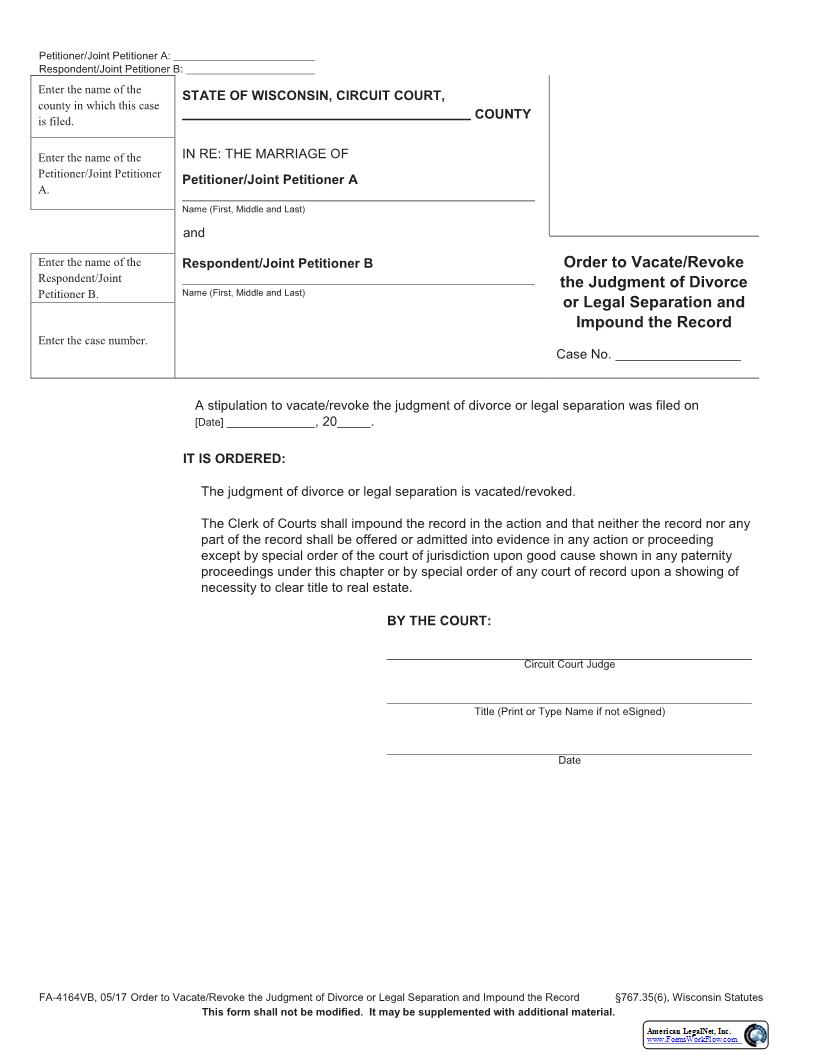 Order Vacating Judgment Of Divorce Or Legal Separation And Order To Impound The Record{FA-4164VB} | Pdf Fpdf Docx | Wisconsin