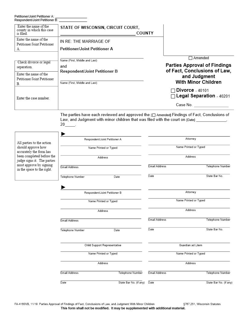 Parties Approval Of Findings Of Fact, Conclusions Of Law And Judgment With Minor Children {FA-4160VB} | Pdf Fpdf Docx | Wisconsin