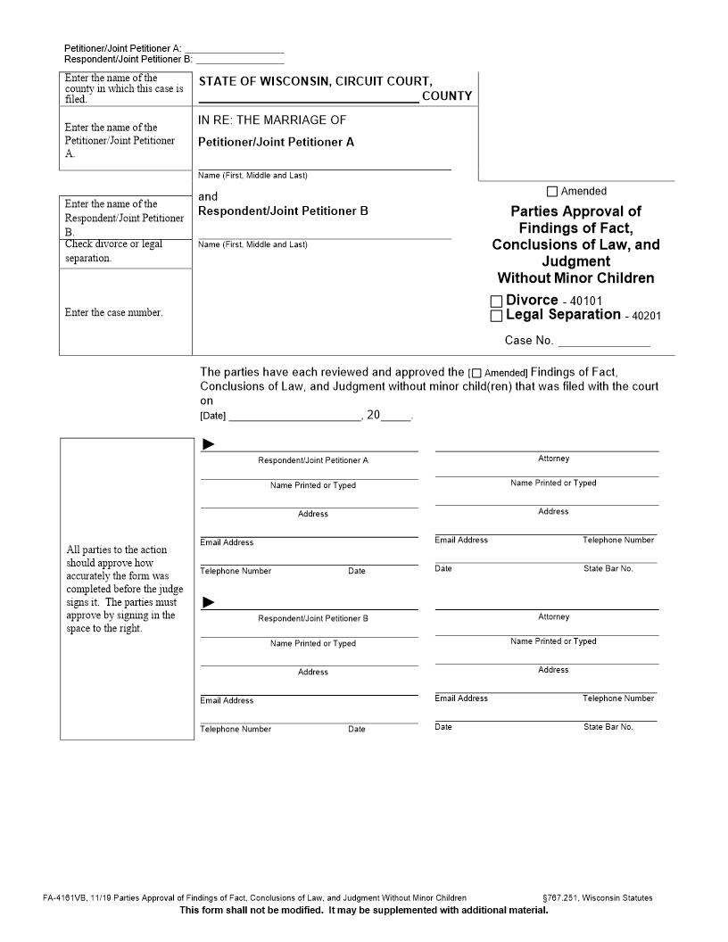Parties Approval Of Findings Of Fact, Conclusions Of Law And Judgment Without Minor Children{FA-4161VB} | Pdf Fpdf Docx | Wisconsin