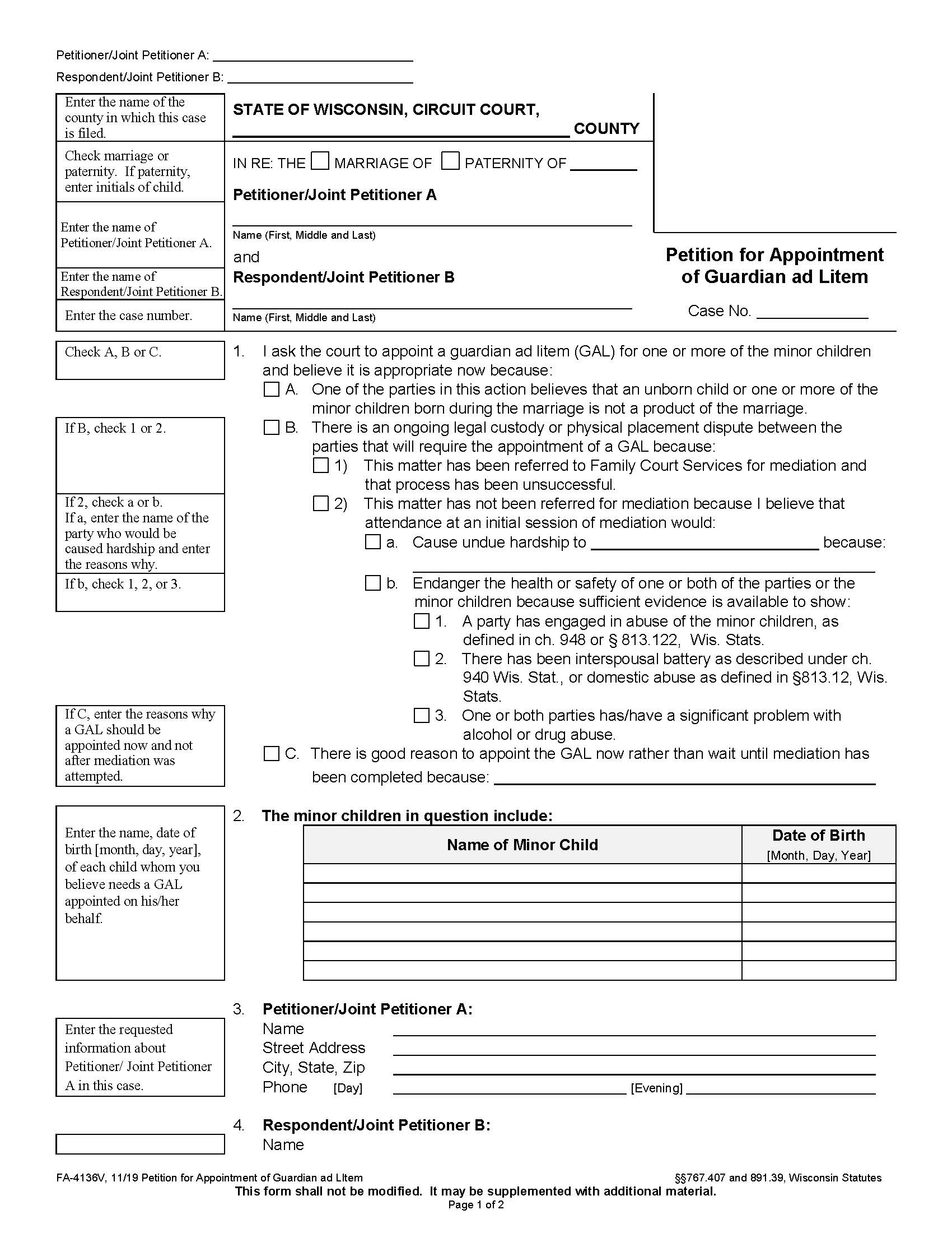 Peitition For Appointment Of Guardian Ad Litem {FA-4136V} | Pdf Fpdf Docx | Wisconsin