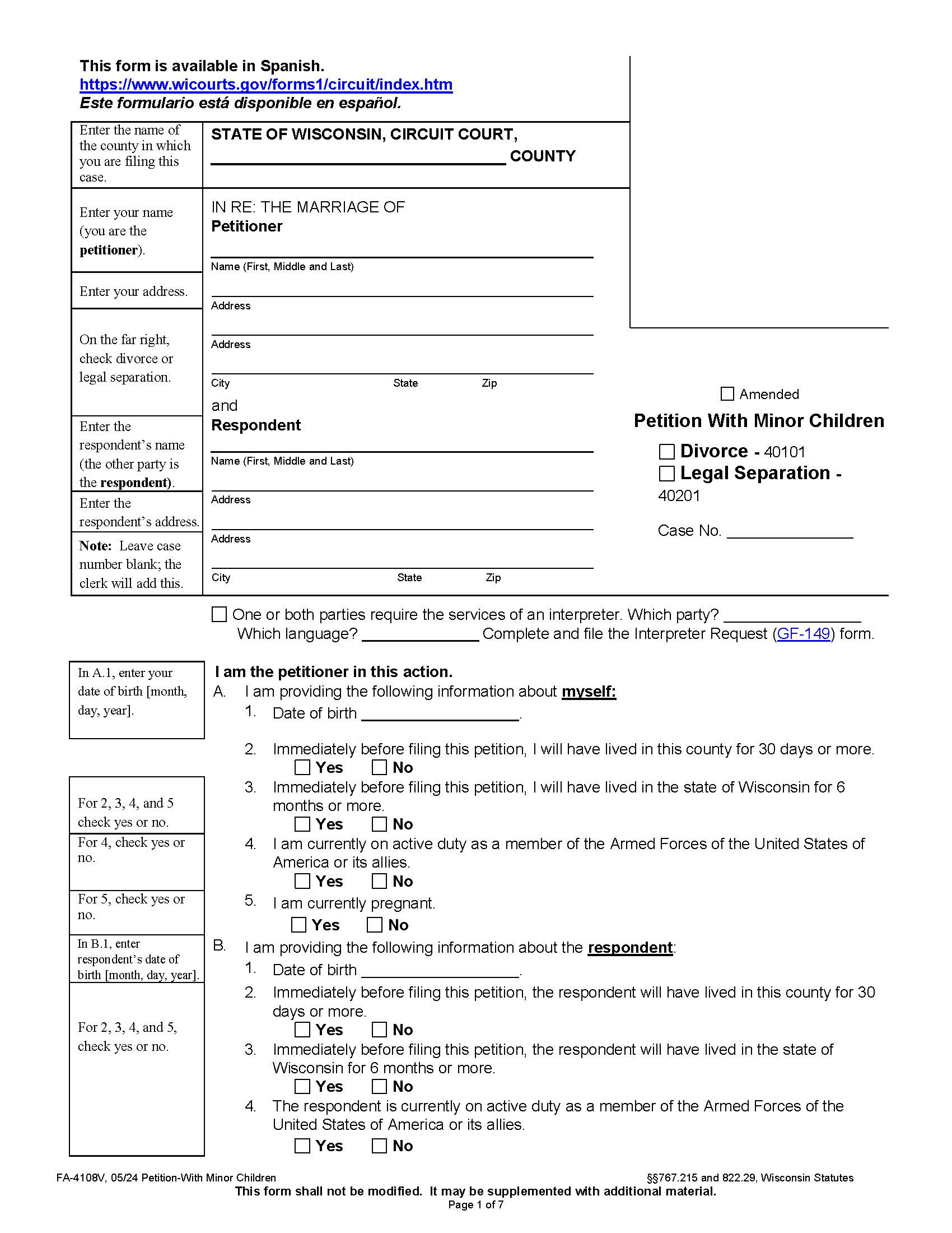 Petition With Minor Children {FA-4108V} | Pdf Fpdf Docx | Wisconsin