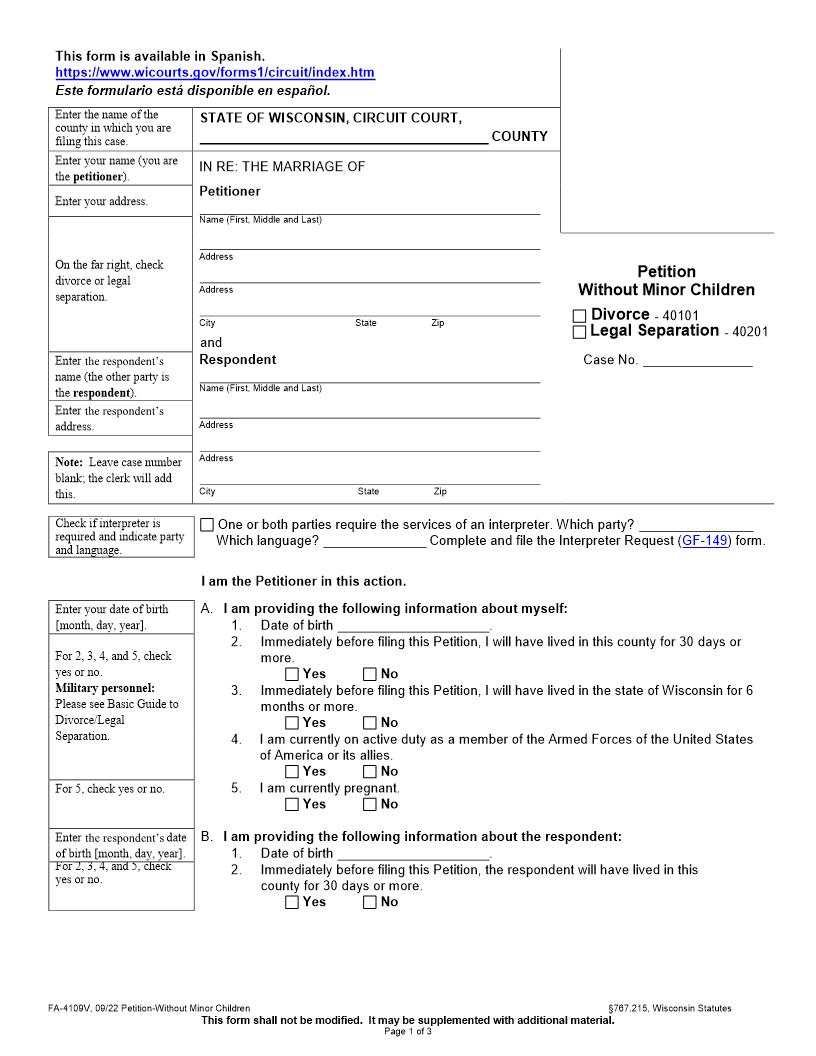 Petition Without Minor Children {FA-4109V} | Pdf Fpdf Docx | Wisconsin