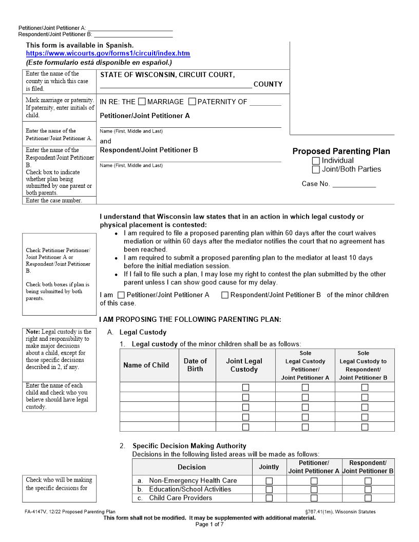 Proposed Parenting Plan {FA-4147V} | Pdf Fpdf Docx | Wisconsin