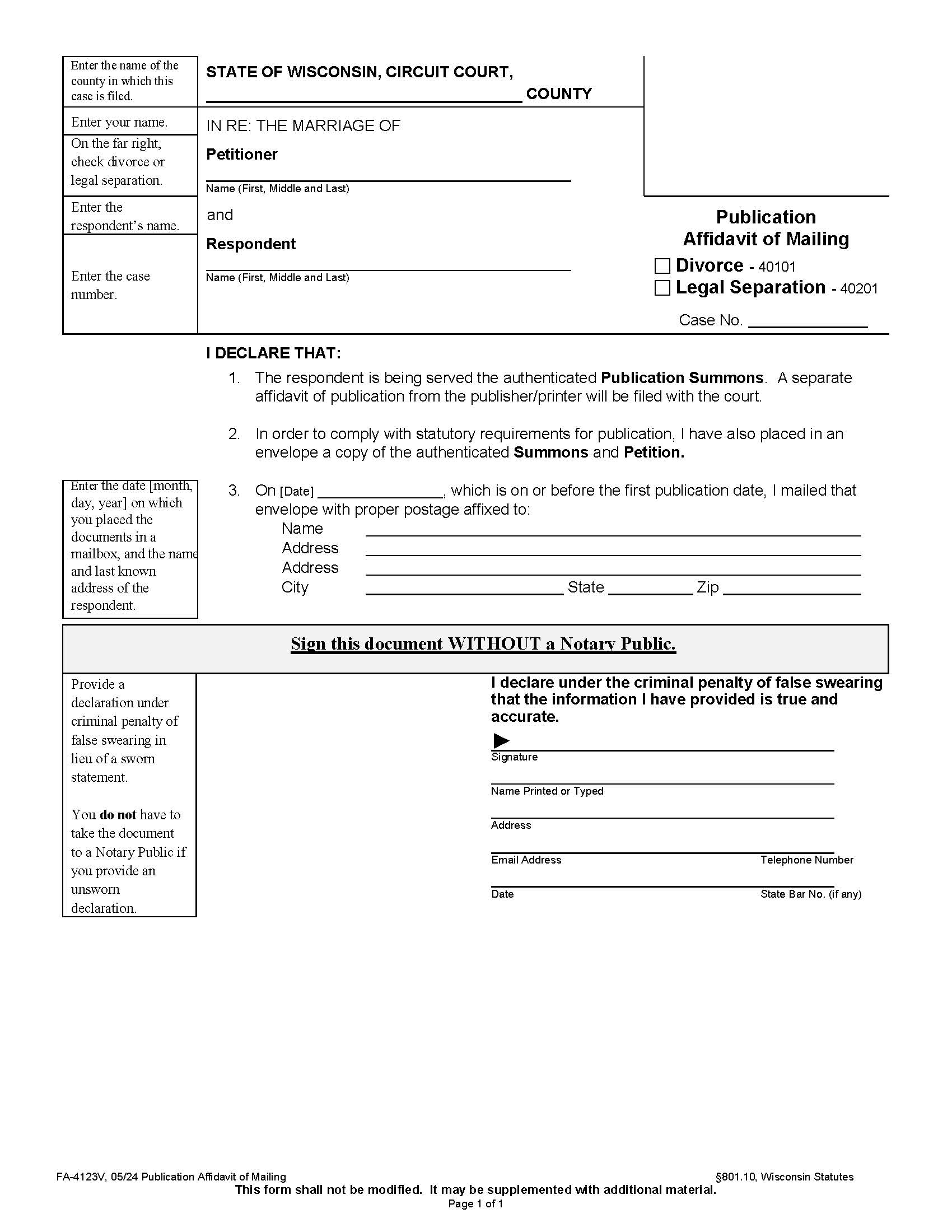 Publication Affidavit Of Mailing {FA-4123V} | Pdf Fpdf Docx | Wisconsin